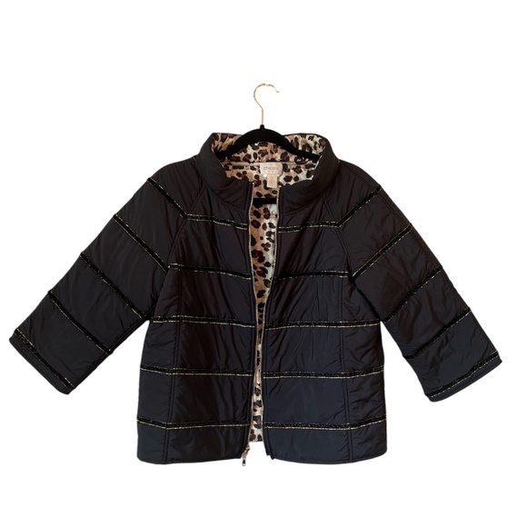 Chicos Reversible Puffer Jacket Black/Animal Print S/4 - Picture 1 of 8